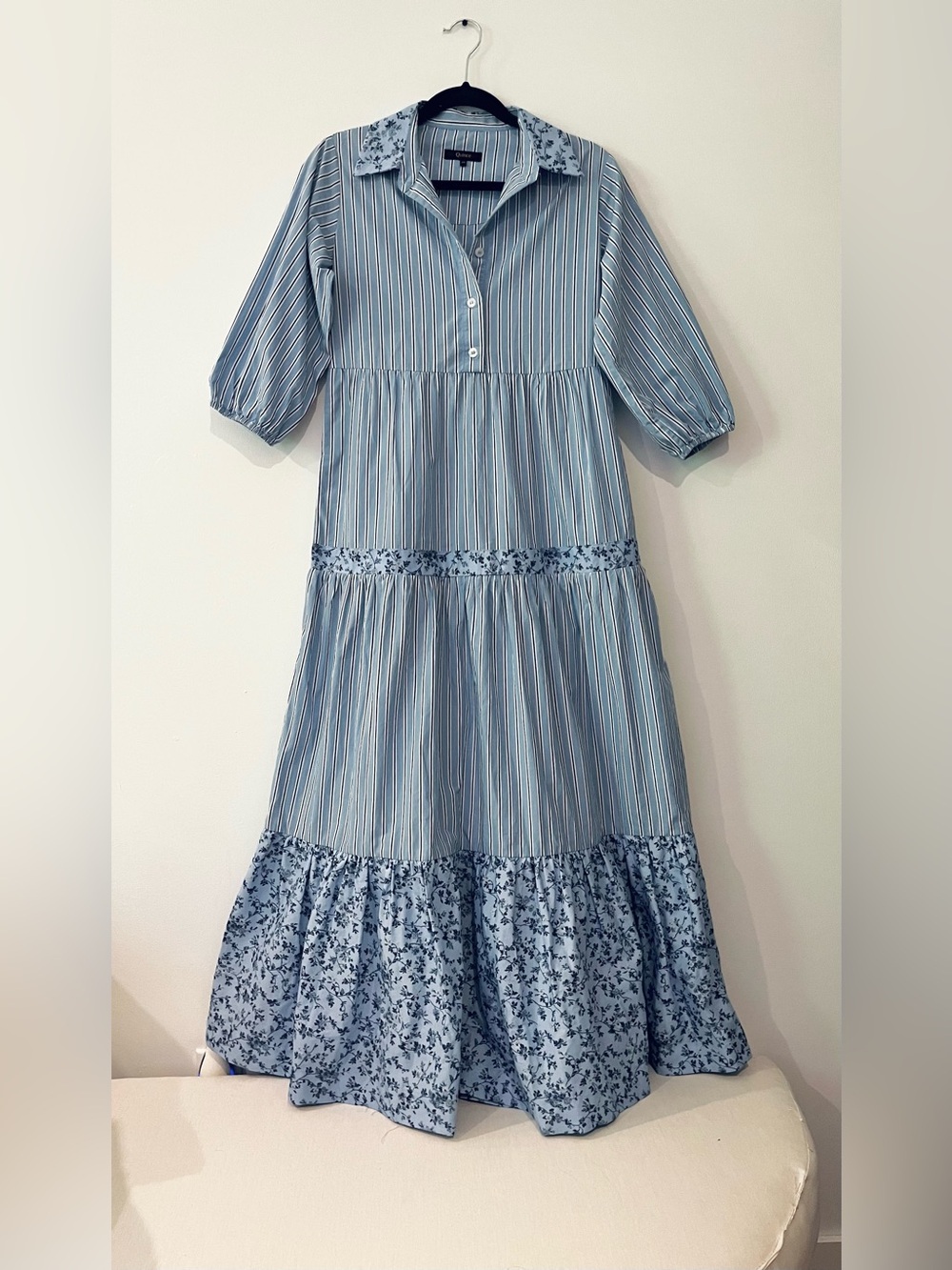 Quince Poplin Cotton Blue Floral Striped Boho Prairie Midi Maxi Tiered Dress XS